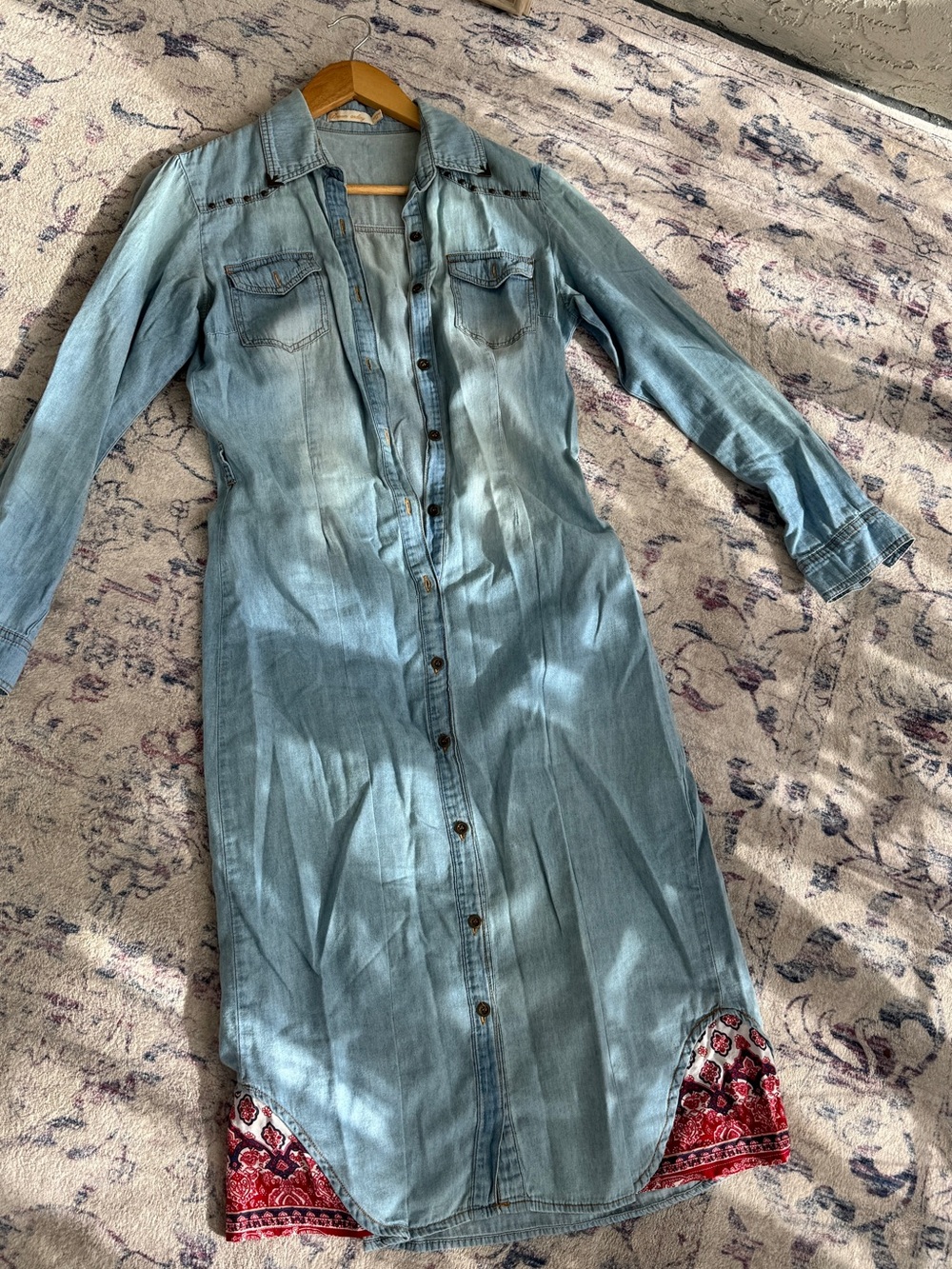Light Wash Denim Midi Shirt Dress with Red Bandana Trim